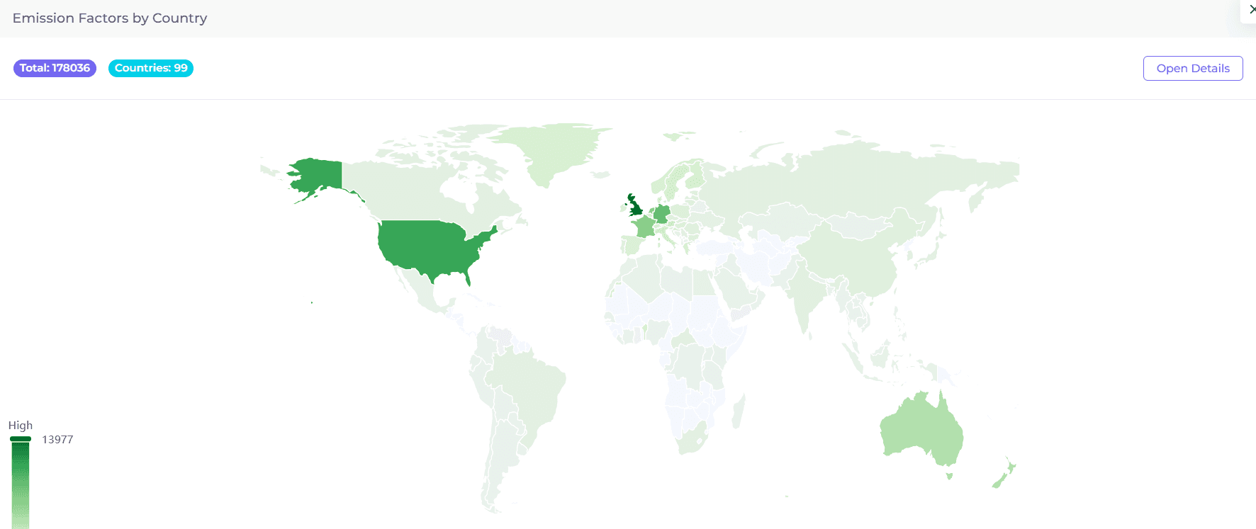 World map of emission factors by country, 178,036 factors across 99 countries