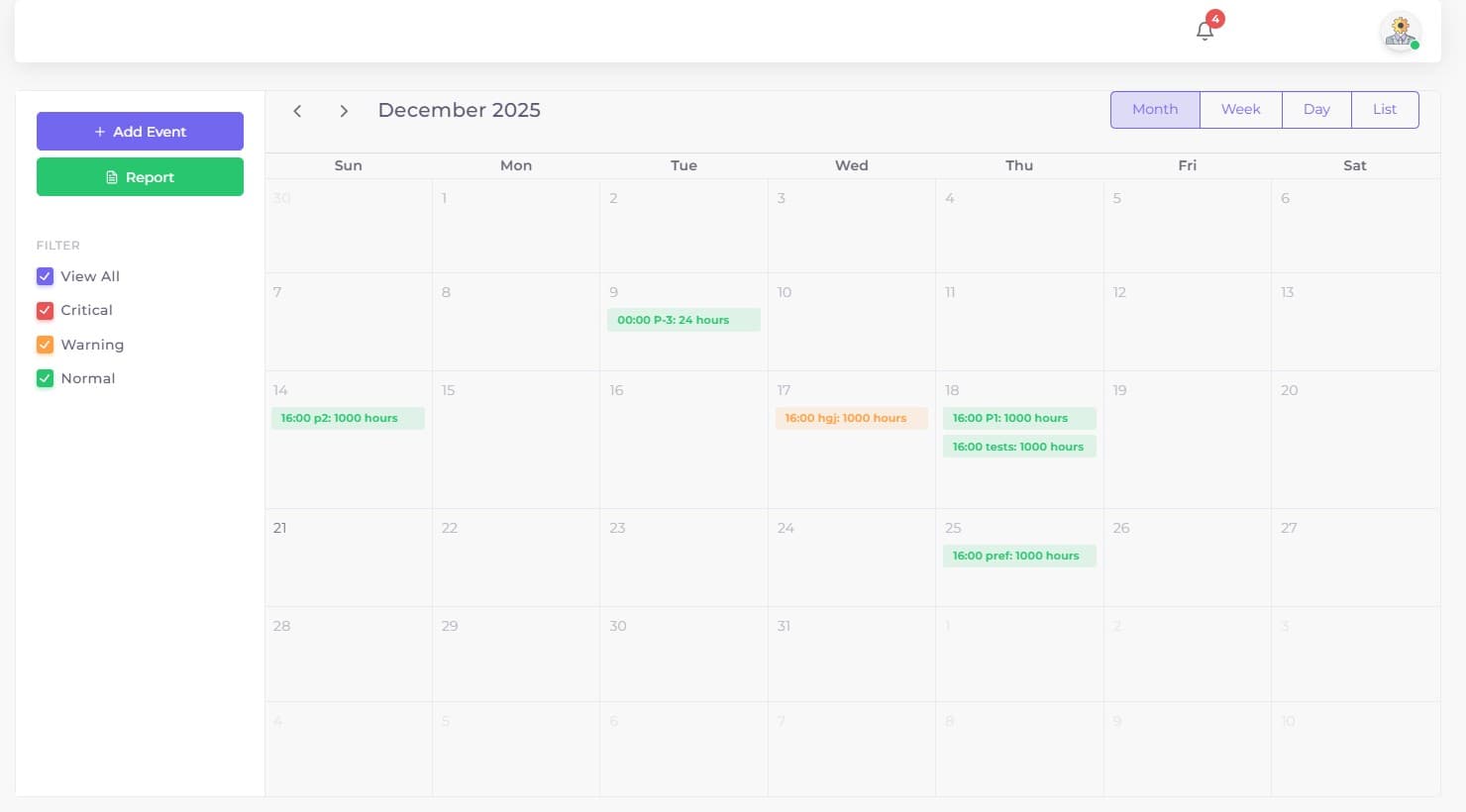 Preventive maintenance planning calendar