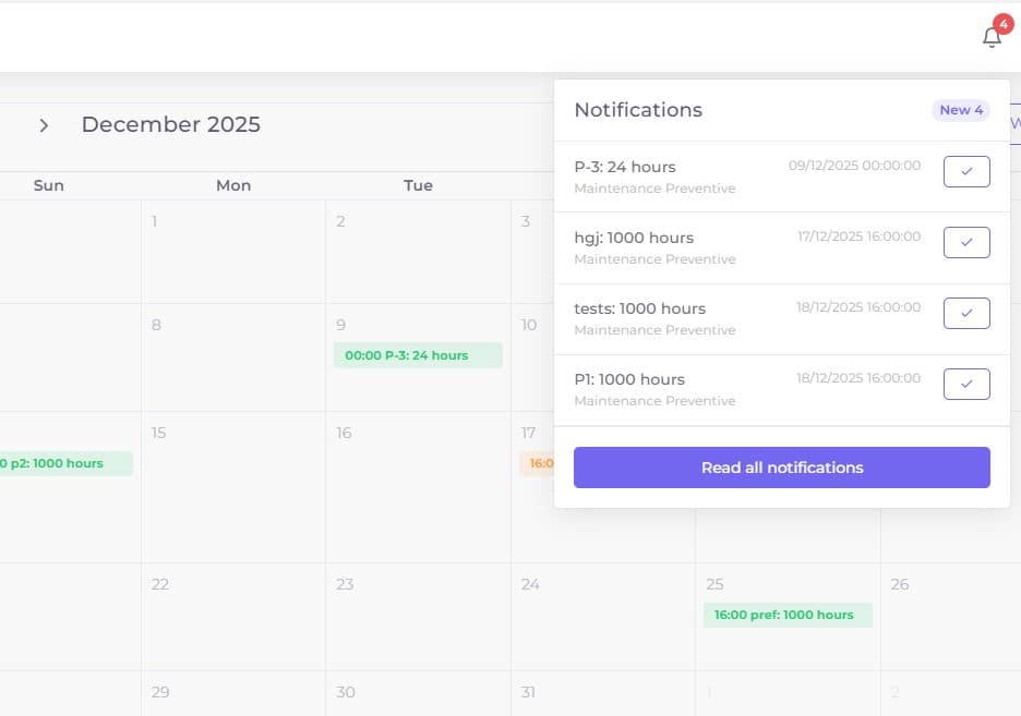 Maintenance notification alerts panel